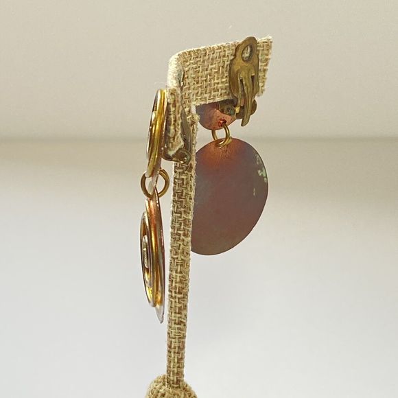 Large Artisan Articulated Dangling Round Copper Brass Disk Swirl Clip On Earring - Picture 8 of 10